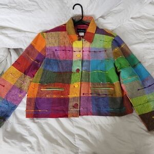 Multicolor Patchwork Jean Jacket - Vibrant Rainbow Plaid